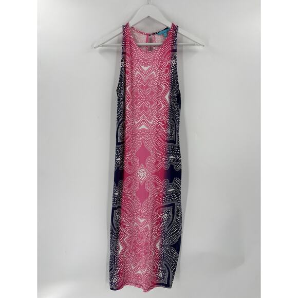 Tori Richard Honolulu Dress Womens Medium Pink Maxi Sleeveless Ombre Medallion - Picture 1 of 13